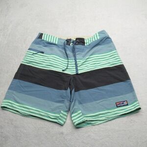 Patagonia Wavefarer Boardshorts Mens 34 Blue Green Striped Pocket Lace Up Beach‎